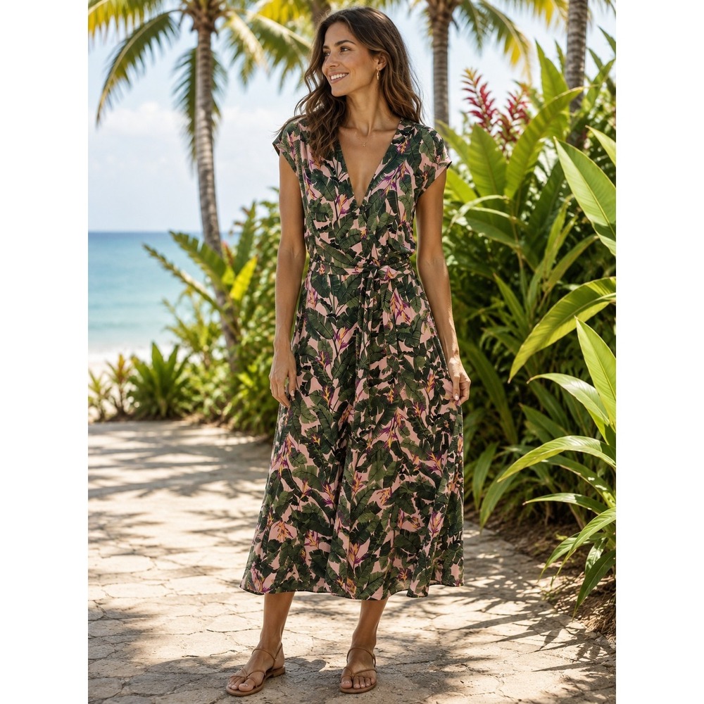 Lands' End Pink Green Leaf Print Tropical Pima Cotton Modal Maxi Dress Size M